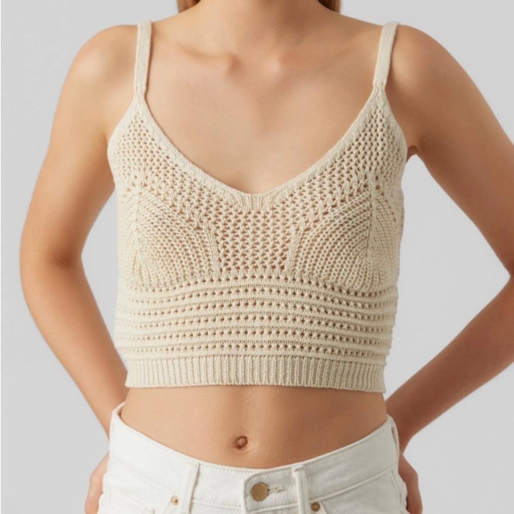 Vero Moda Justine Cropped Strap Top - Crochet Knit Cream Beige Small $72